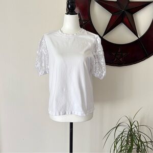 Zara White Lace Embroidered Whimsical Fairy Core Cotton Blend Puff Sleeve Tee Lg